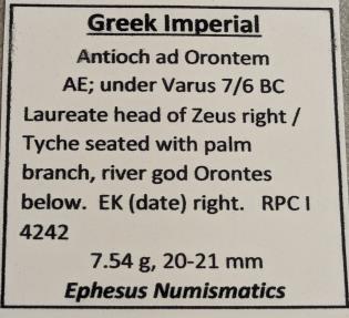 Ancient Coins - Antioch, 7/6 BC, AE trichalkon.  Struck under P. Quinctillius Varus.  Governor of Syria