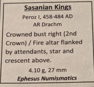 Ancient Coins - Sasanian Kingdom, Peroz I, 458-484 AD.  AR drachm