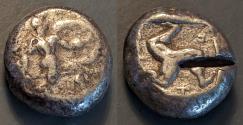 Ancient Coins - Pamphylia, Aspendus.  465-430 BC.  A silver stater.  Test cut