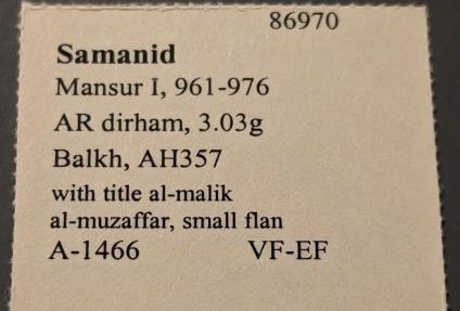 Ancient Coins - Samanid, Mansur I, 961-976 AD.  Silver dirham