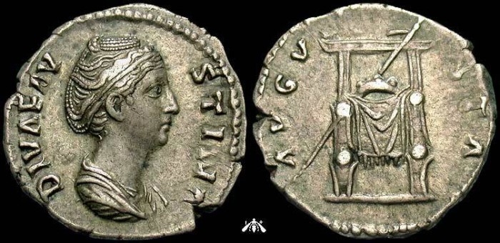 Ancient Coins - Faustina Senior, died 141 AD, AR denarius - throne with scepter