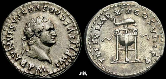 Ancient Coins - Titus, 79-81 AD, AR denarius - dolphin over tripod, XF