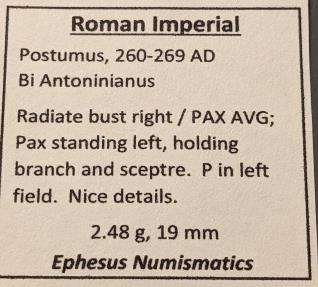 Ancient Coins - Postumus, 260-269 AD, antoninianus.  Pax reverse
