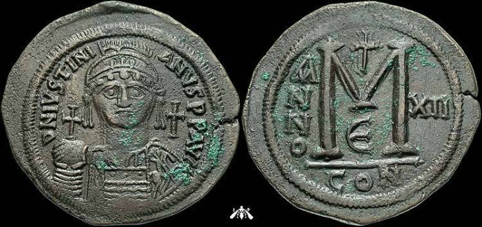 Ancient Coins - Justinian I, 527-565 AD, AE follis - Constantinople mint - huge planchet