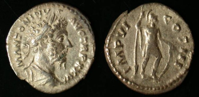 Ancient Coins - Marcus Aurelius, 161-180 AD, AR denarius, Mars reverse, VF (nice)