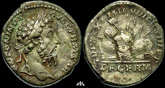 Ancient Coins - Marcus Aurelius, AR Denarius, DE GERM Pile of Arms, VF Toned Portrait