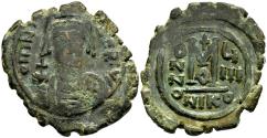 Ancient Coins - Byzantine AE31 Follis Maurice Tiberius Nicomedia Year 9=590-1 AD Facing Bust