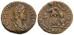 Ancient Coins - Ch VF Theodosius I AE13 Half Centenionalis Cyzicus Victory Dragging Captive