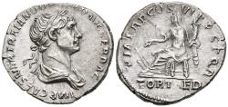 Ancient Coins - gVF Trajan 98-117 AD Silver Denarius Fortuna Seated Rudder Tiller FORT RED