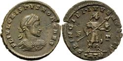 Ancient Coins - VF Crispus Caesar Reduced Follis Treveri 317 AD Emperor Holds Globe & Spear
