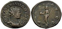 Ancient Coins - Ch F Maximian Antoninianus Lugdunum (Lyon) Mint Pax (Peace) Holding Victory