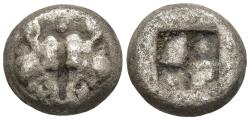Ancient Coins - aVF Lesbos 550-480 BC Illusion Confronting Boar Heads = Facing Head of Panther