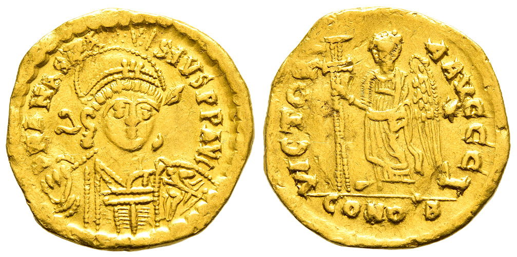 VF Gold Solidus Anastasius Constantinople Mint 492-8 AD Victory