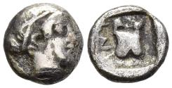 Ancient Coins - Antandros Troas Silver Hemiobol 350-340 BC Head of Artemis / Astragalos