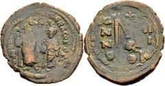 Ancient Coins - VF Byzantine Heraclius & Heraclius Constantine Follis 613 AD Overstruck