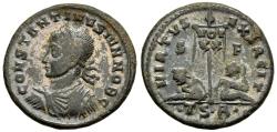 Ancient Coins - Choice aVF Silvered AE20 Crispus Thessalonica 320 AD Standard Between Captives