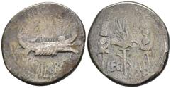 Ancient Coins - Mark Antony LEG VII Silver Denarius 32-1 BC Galley / Legionary Standards