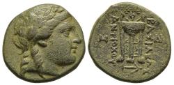 Ancient Coins - Seleukid Kingdom Antiochus II Theos AE18 Sardes Head of Apollo / Tripod
