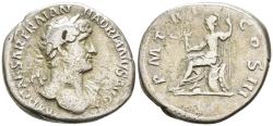 Ancient Coins - Rare Hadrian Silver Denarius 121-3 AD Roma Seated on Cuirass Holds Victory