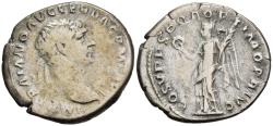 Ancient Coins - F Trajan Silver Denarius 107-8 AD Victory Nude to Hips Raising Wreath