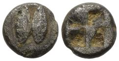 Ancient Coins - Rare VF Lesbos Billon 1/48 Stater 550-480 BC Apotropaic Eyes / Incuse Square