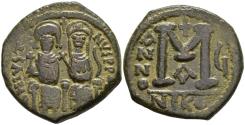 Ancient Coins - Byzantine Justin II and Sophia AE29 Follis Nikomedia Mint Year 6 570-1 AD