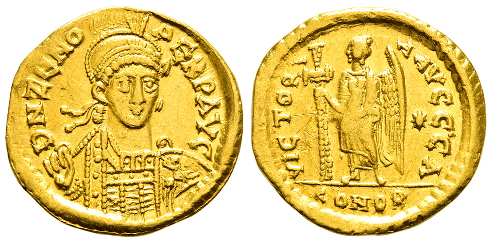 Ch gVF Zeno Gold Solidus Constantinople 476-471 AD Victory Holding