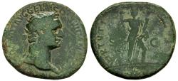 Ancient Coins - Domitian 81-96 AD Copper Dupondius Virtus Holding Spear and Parazonium