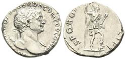 Ancient Coins - Scarce EF Trajan 98-117 AD Silver Denarius Virtus Spear and Parazonium