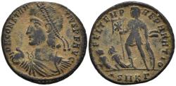 Ancient Coins - Ch gVF Constantius II AE22 Emperor with Christogram Standard & Captives