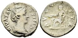 Ancient Coins - Diva Faustina Sr Denarius Wife of Antoninus Pius Vesta Seated Holding Patera