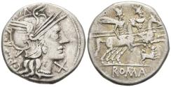 Ancient Coins - aVF Roman Republic Denarius 146 BC Roma / Dioscuri Puppy Running Below Horses