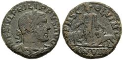 Ancient Coins - Philip I The Arab 244-249 AD AE28 Sestertius Moesia Standing Over Bull & Lion