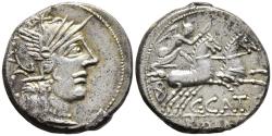 Ancient Coins - gVF Roman Republic Denarius C Porcius Cato 123 BC Head of Roma/Victory in Biga