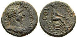 Ancient Coins - EF Trajan Ptolemais Galilee AE24 Tyche Seated River God Swimming Below