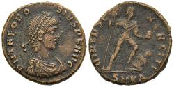 Ancient Coins - VF Theodosius I AE23 Maiorina Emperor Holds Vexillum Globe Treads on Captive