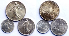 World Coins - France - set of 3 silver coins 50 centimes, 1 franc & 2 francs 1920  