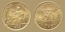World Coins - France - Chambre de commerce - 50 Centimes 1923 - high grade as struck