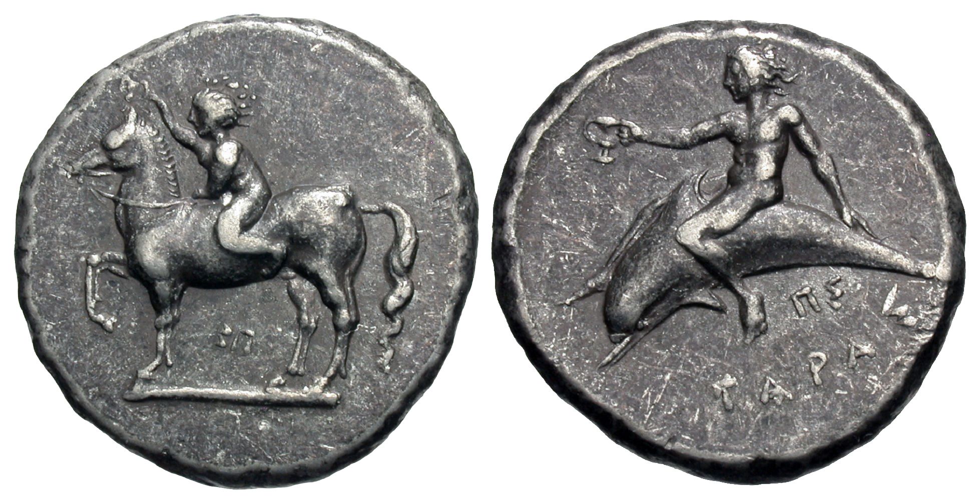 Calabria, Tarentum. AR Nomos. Taras Riding Dolphin. Classical Style.