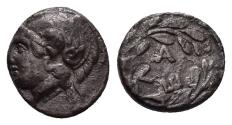 Ancient Coins - Aeolis, Elaia. AR Obol. Athena / Legend Within Wreath.