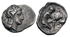 Ancient Coins - Calabria, Tarentum. AR Diobol. Athena / Herakles.