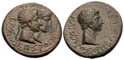 Ancient Coins - Kings of Thrace, Rhoemetalkes I and Pythadoris, with Augustus. Æ 18 mm.