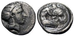 Ancient Coins - Lucania, Herakleia. AR Diobol. Herakles Wrestles Nemean Lion.