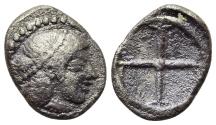 Ancient Coins - Sicily, Syracuse. Deinomenid Tyranny. AR Obol.