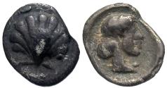 Ancient Coins - Calabria, Tarentum. AR Litra. Scallop Shell / Nymph.