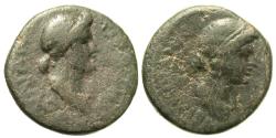 Ancient Coins - Mysia, Pergamum. Livia with Julia. Æ Hemiassarion. Unique Depiction of Livia & Julia.