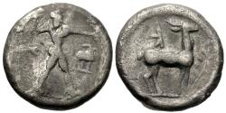 Ancient Coins - Bruttium, Kaulonia. AR Sixth Nomos. Apollo / Stag.