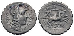 Ancient Coins - Roman Republic. L. Licinius Crassus, Cn. Domitius Ahenobarbus, & M. Aurelius Scaurus. AR Denarius Serratus..