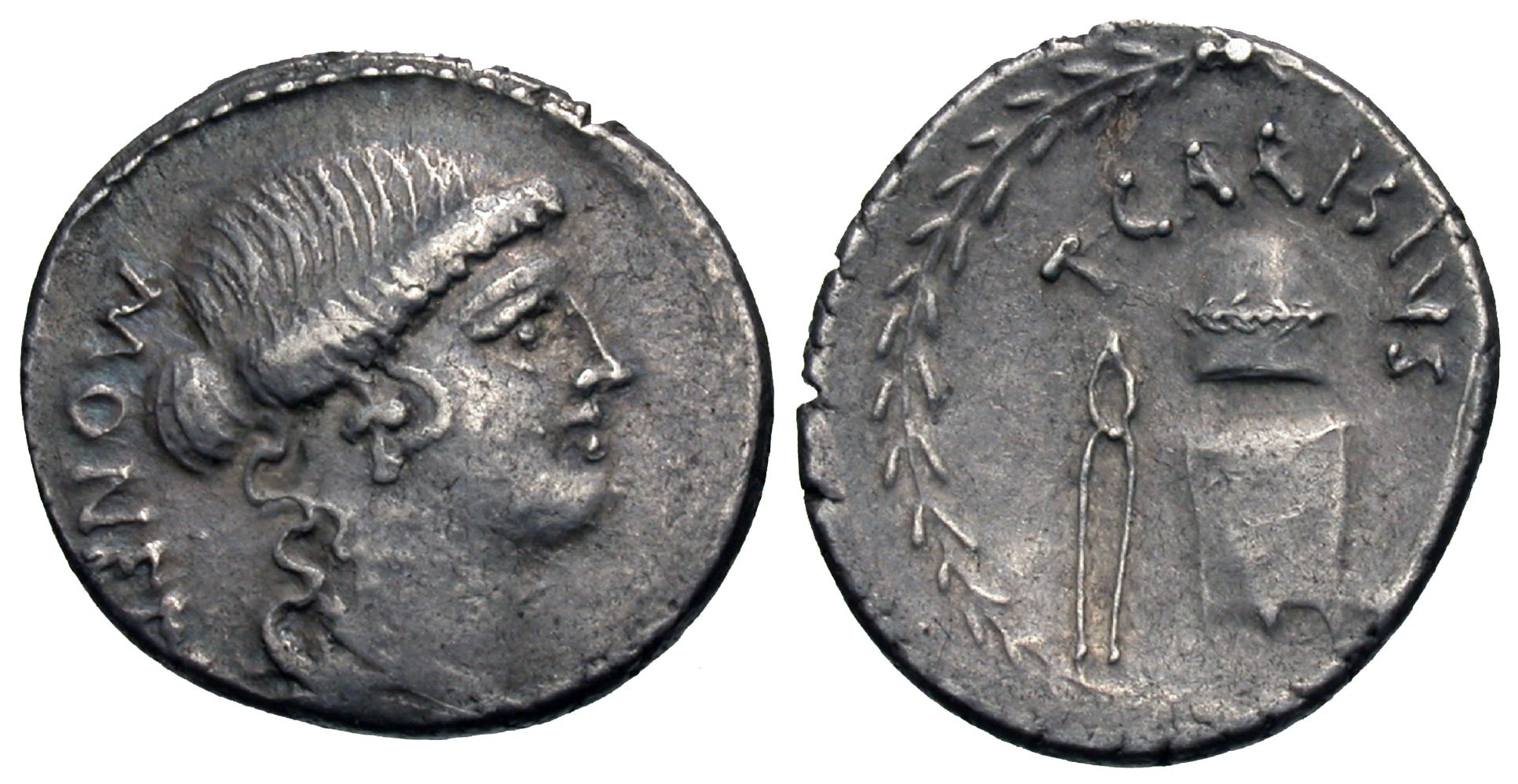 Roman Imperatorial. AR Denarius. T. Carisius. Implements for Coining Money.