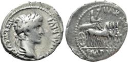 Ancient Coins - Tiberius. AR Denarius. Triumphal Quadriga.